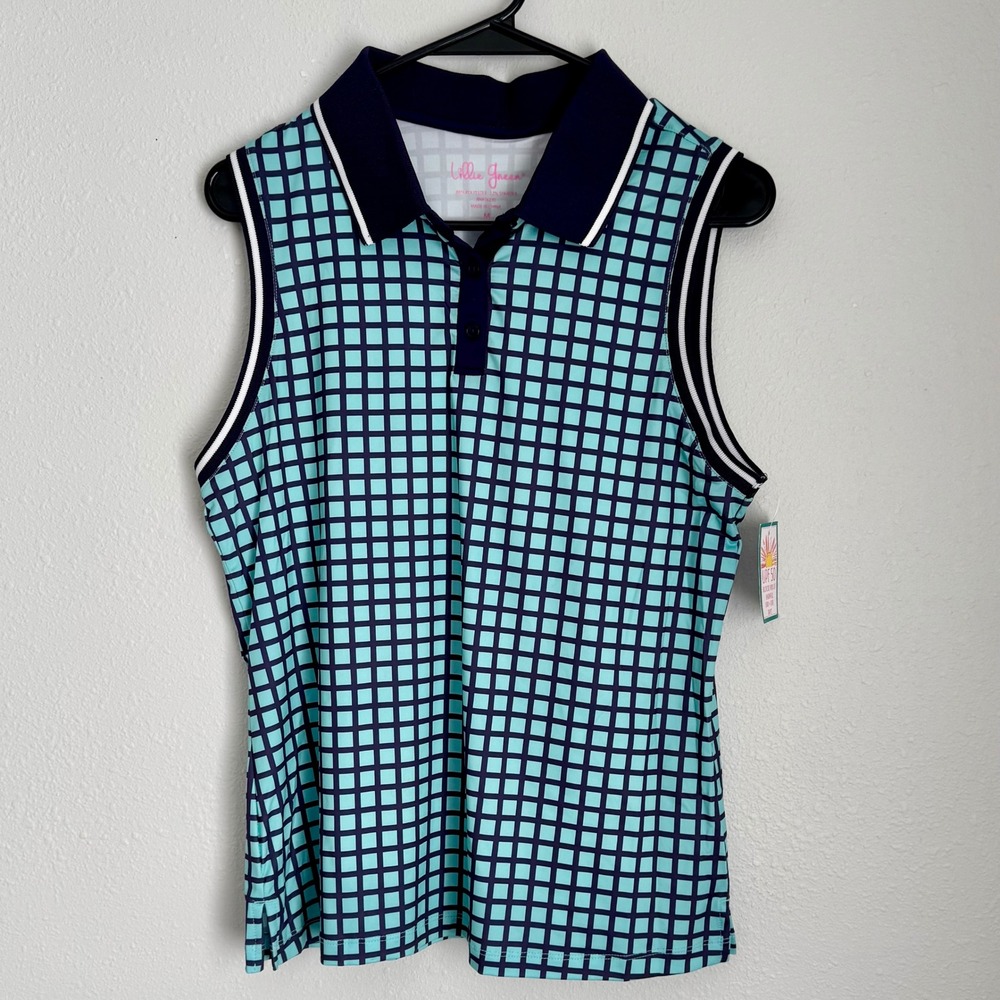 Lillie Green Women's Sleeveless Golf Polo Shirt - Navy Aqua Grid Pattern - Picture 2 of 7